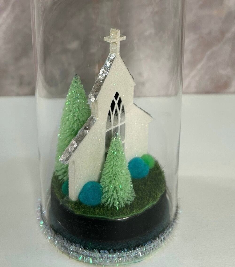 Christian Holiday decor mini wood Church, Crafted Keepsake silver/glass cloche